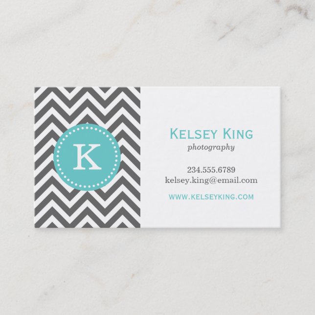 Charcoal Gray and Turquoise Chevron Monogram Business Card (Front)