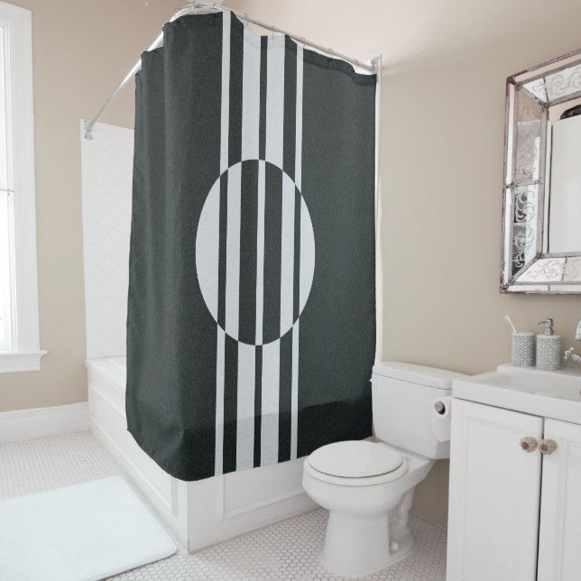 Charcoal Gray and White Abstract Shower Curtain (In Situ)
