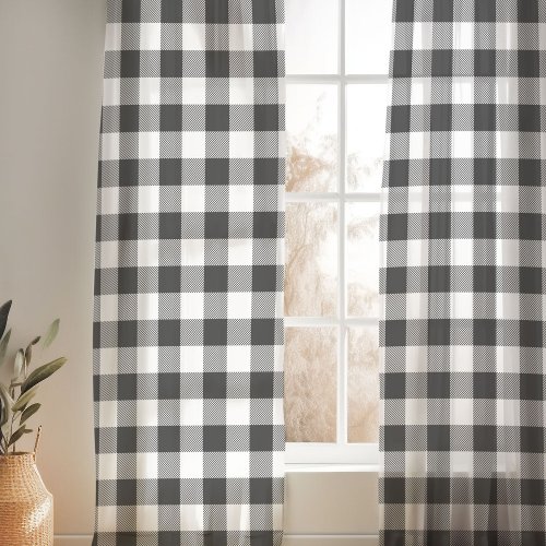 Charcoal Gray and White Buffalo Check Sheer Curtains