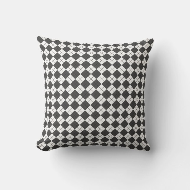Charcoal Gray and White Checkered Argyle Pattern Throw Pillow (Front)