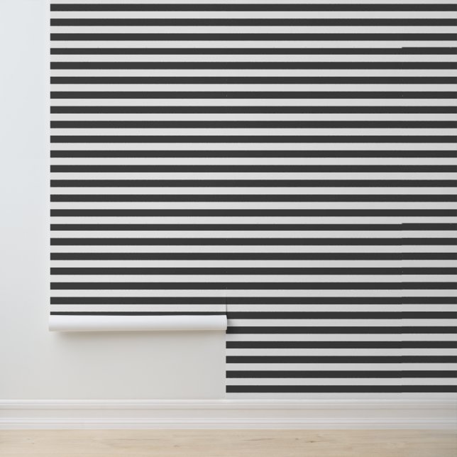 Charcoal Gray and White Classic Horizontal Stripes Wallpaper (Application)