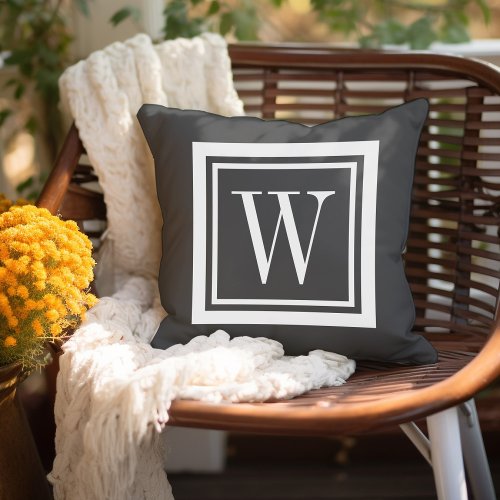 Charcoal Gray and White Classic Square Monogram Outdoor Pillow
