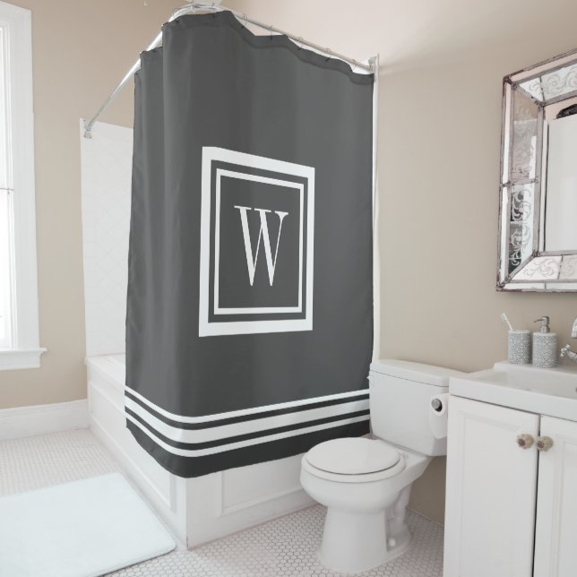 Charcoal Gray and White Classic Square Monogram Shower Curtain (In Situ)
