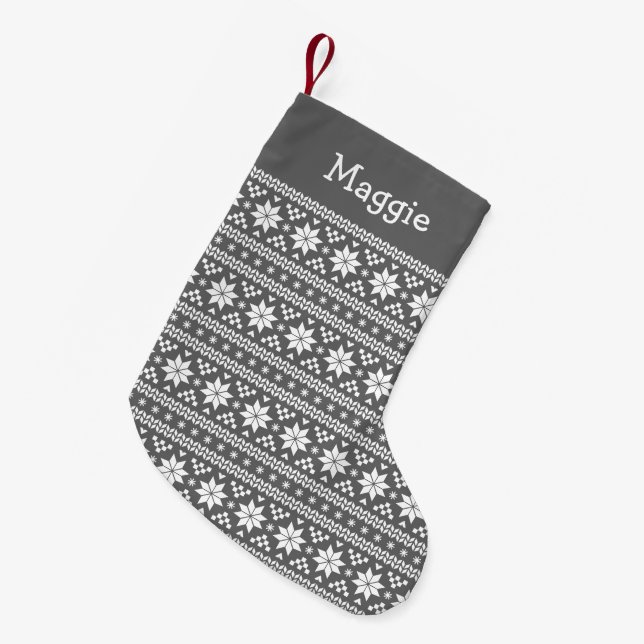 Charcoal Gray and White Fair Isle Monogram Small Christmas Stocking (Front (Hanging))