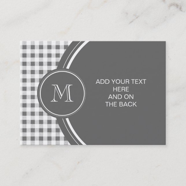 Charcoal Gray and White Gingham, Your Monogram Business Card (Front)
