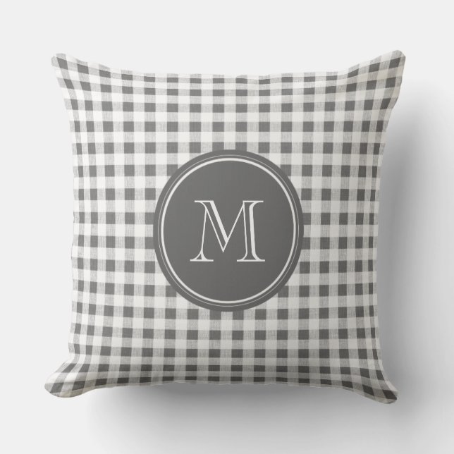 Charcoal Gray and White Gingham, Your Monogram Throw Pillow (Front)