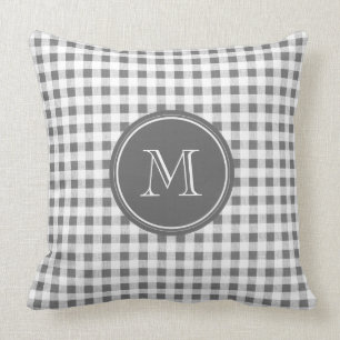 Charcoal Gray and White Gingham, Your Monogram Throw Pillow
