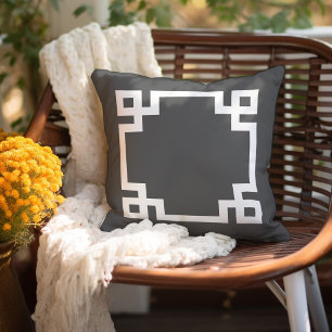 Charcoal Gray and White Greek Key Editable Color Outdoor Pillow