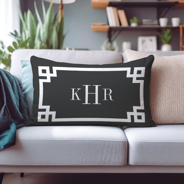 Charcoal Gray and White Greek Key | Monogrammed Lumbar Pillow (Creator Uploaded)
