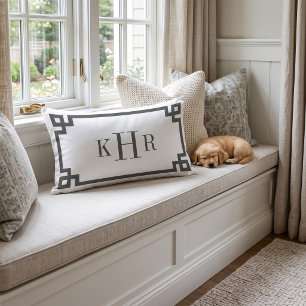 Charcoal Gray and White Greek Key Monogrammed Lumbar Pillow