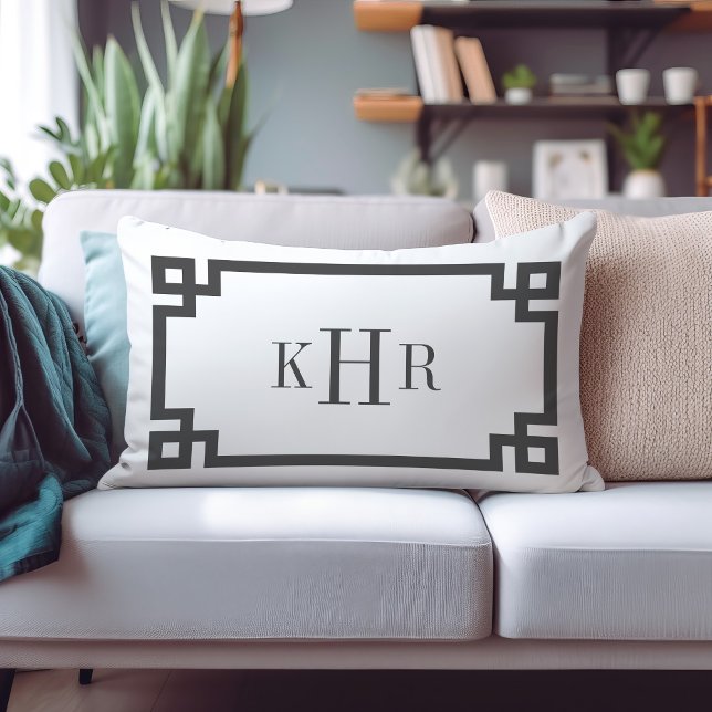 Charcoal Gray and White Greek Key | Monogrammed Lumbar Pillow (Creator Uploaded)