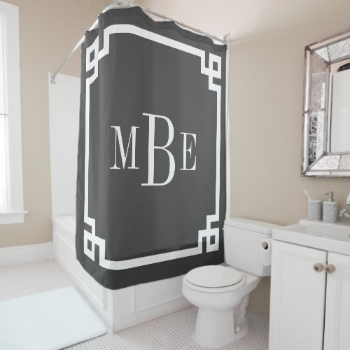 Charcoal Gray and White Greek Key  Monogrammed Shower Curtain