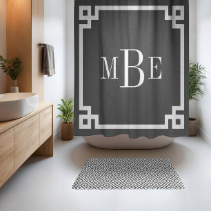Charcoal Gray and White Greek Key   Monogrammed Shower Curtain