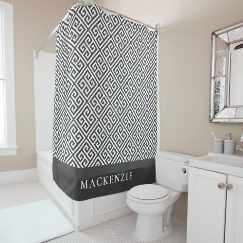 Charcoal Gray and White Greek Key Name Monogram Shower Curtain
