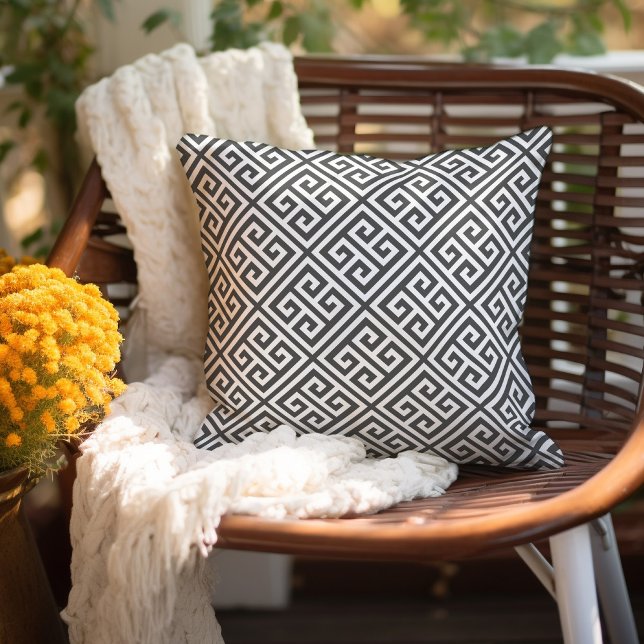 Charcoal Gray and White Greek Key Pattern Outdoor Pillow (Creator Uploaded)