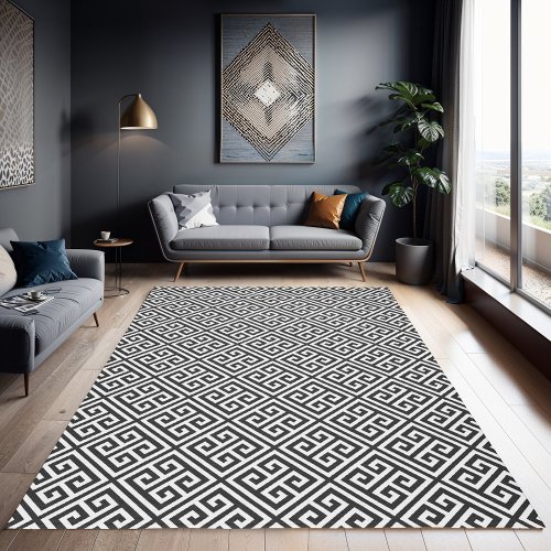 Charcoal Gray and White Greek Key Pattern Rug