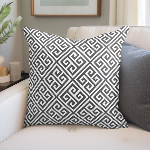 Charcoal Gray and White Greek Key Pattern Throw Pillow