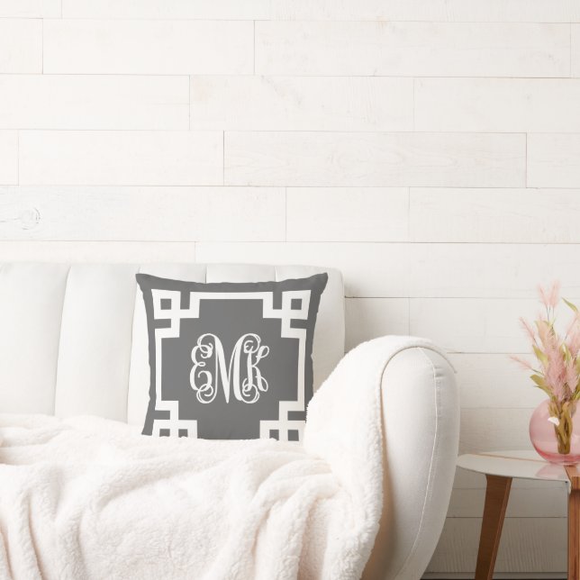 Charcoal Gray and White Greek Key Script Monogram Throw Pillow (Couch)
