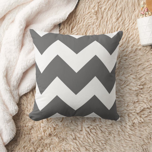 Charcoal Gray and White Large Chevron Print Throw Pillow (Blanket)