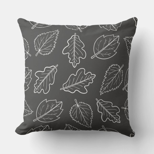 Charcoal Gray and White Leaf Pattern Throw Pillow (Front)