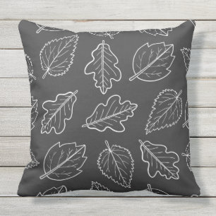 Charcoal Gray and White Leaf Pattern Throw Pillow