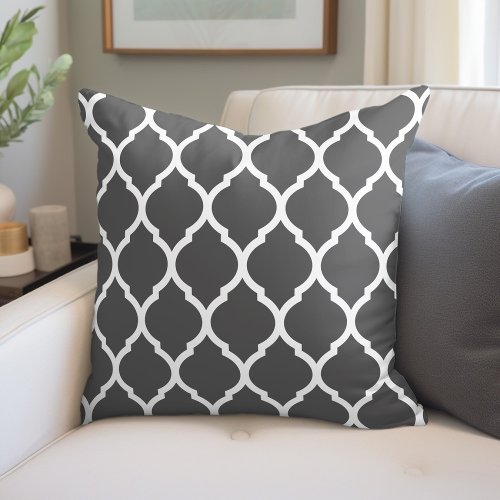 Charcoal Gray and White Moroccan Pattern Throw Pillow