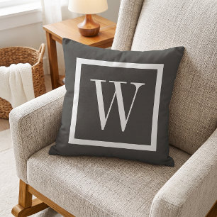 Charcoal Gray and White Preppy Square Monogram Throw Pillow
