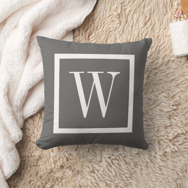 Charcoal Gray and White Preppy Square Monogram Throw Pillow (Blanket)