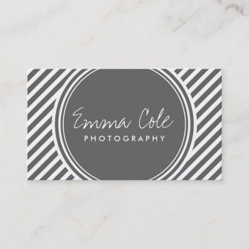 Customizable Charcoal Gray and White Preppy Stripes Business Card Template