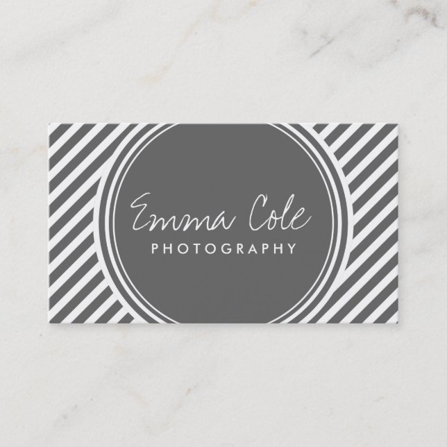Charcoal Gray and White Preppy Stripes Business Card (Front)