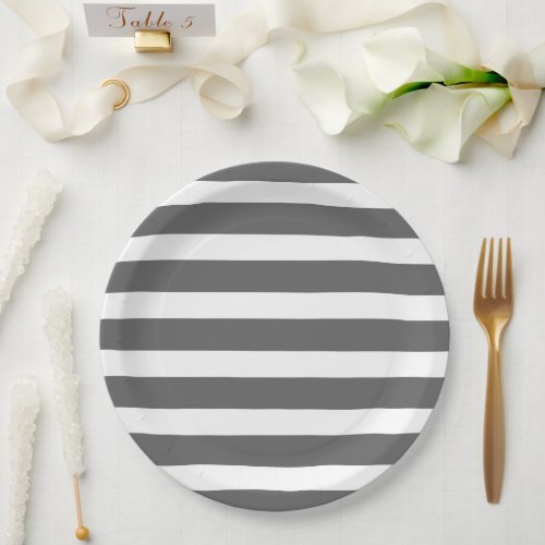 Charcoal Gray and White Stripes Paper Plates