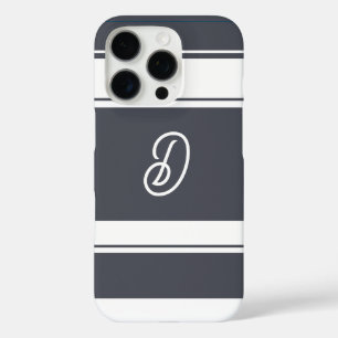 Charcoal Gray and  White Stripes Pattern Monogram iPhone 16 Pro Case