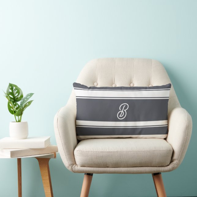 Charcoal Gray and  White Stripes Pattern Monogram Lumbar Pillow (Chair)