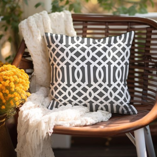 Charcoal Gray and White Trellis Pattern Outdoor Pillow
