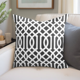 Charcoal Gray and White Trellis Pattern Throw Pillow