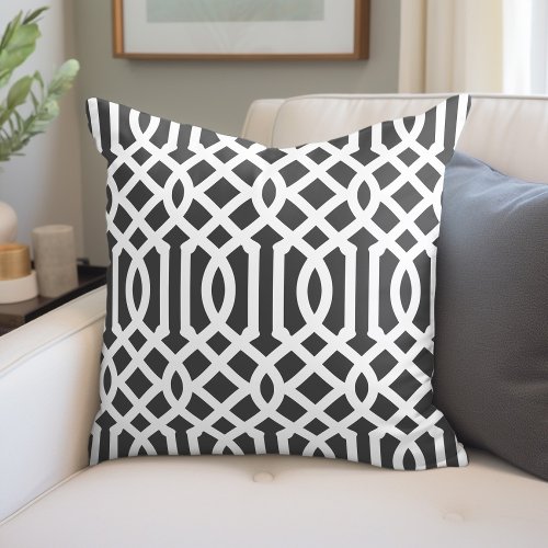 Charcoal Gray and White Trellis Pattern Throw Pillow