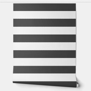 Charcoal Gray and White Wide Horizontal Stripes Wallpaper