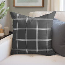 Charcoal Gray and White Windowpane Check Throw Pillow