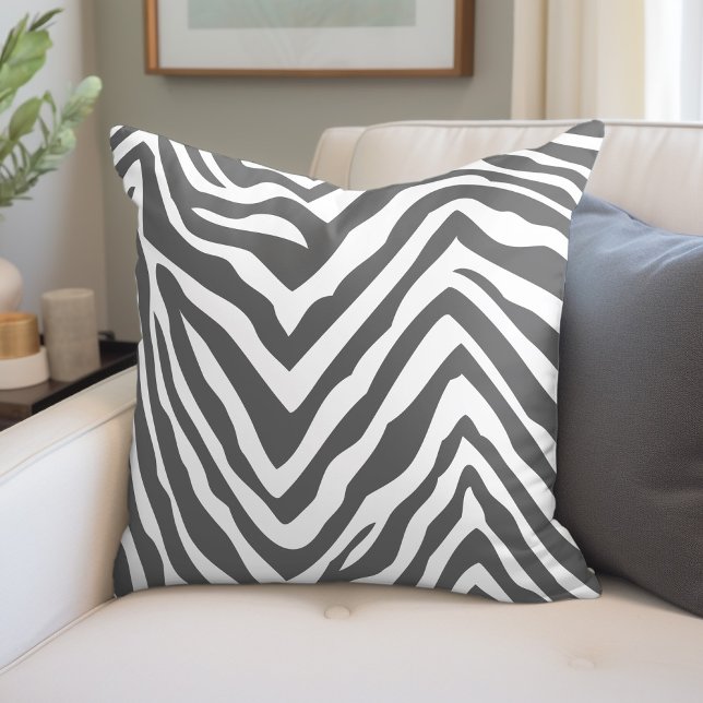 Charcoal Gray and White Zebra Print Throw Pillow (Creator Uploaded)