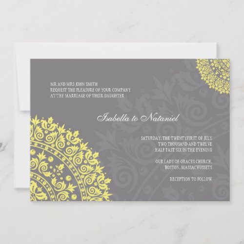 Charcoal Gray and Yellow Damask Wedding Invitation