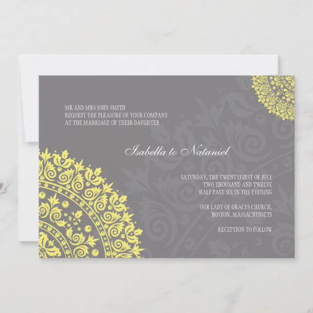 Charcoal Gray and Yellow Damask Wedding Invitation Zazzle