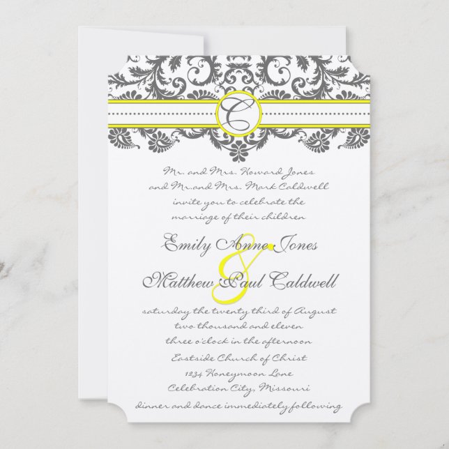 Charcoal Gray and Yellow Wedding Invitations (Front)