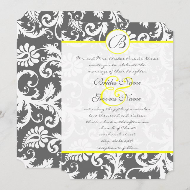 Charcoal Gray and Yellow Wedding Invitations (Front/Back)