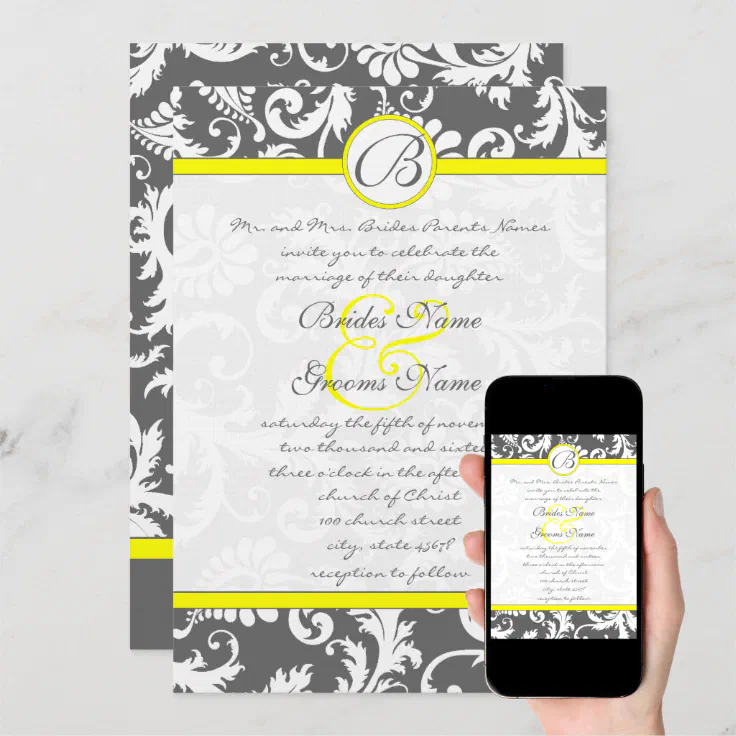 Charcoal Gray and Yellow Wedding Invitations Zazzle