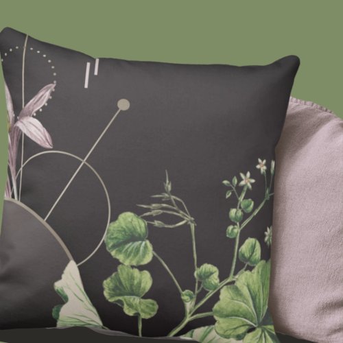 Charcoal Gray Artistic Abstract Botanical Throw Pillow