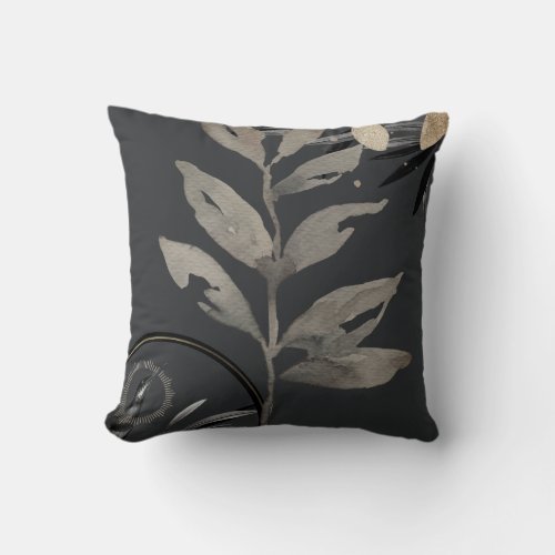 Charcoal Gray Artistic Watercolor Leaves Throw Pillow