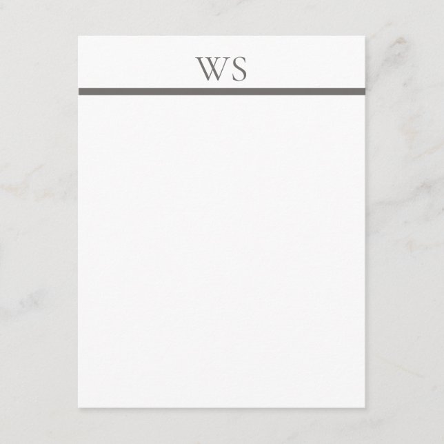 Charcoal Gray Bar Monogram Elegant Flat Note Card (Front)