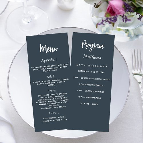 Charcoal gray birthday program dinner menu card