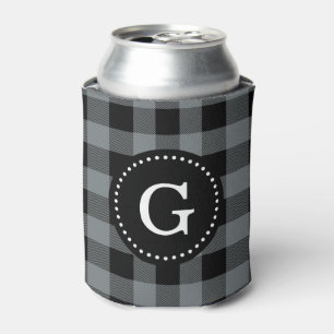 Charcoal Gray Blk Buffalo Check Plaid 1I Monogram Can Cooler