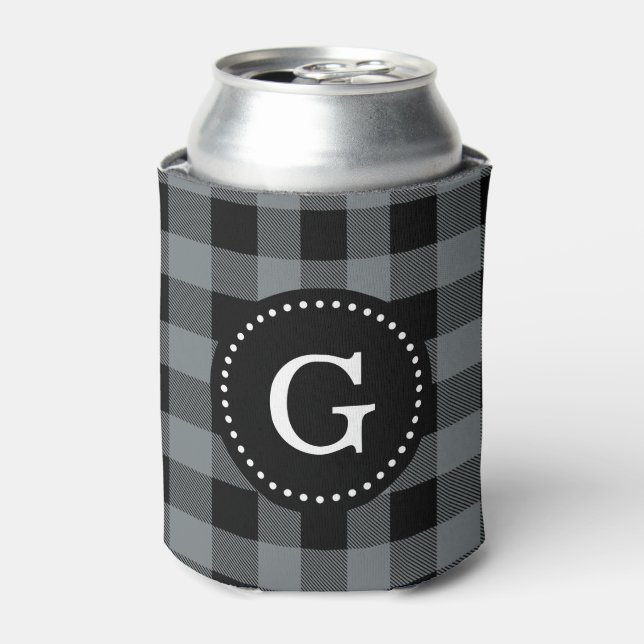 Charcoal Gray Blk Buffalo Check Plaid 1I Monogram Can Cooler (Can Front)